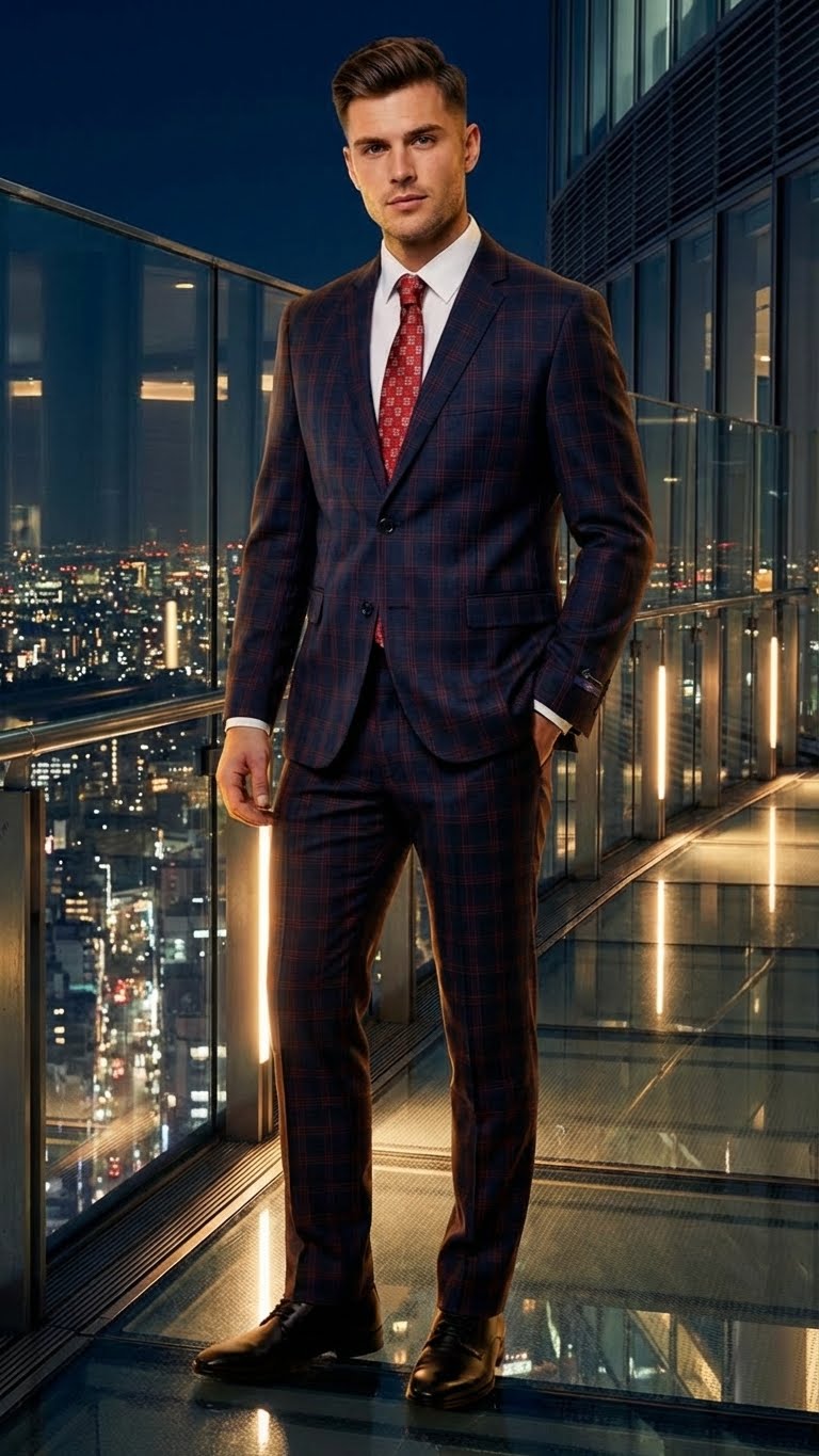 Navy & burgundy checkered men's suit with plaid windowpane design. Soft fabric, single-breasted jacket with notch lapel & pockets. Slim-fit trousers. Includes white shirt & red-toned patterned tie.