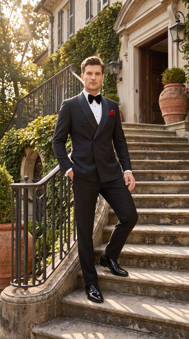 Men’s Black Double Breasted Evening Wear Suit with Satin Shawl Lapel and Red Pocket Square