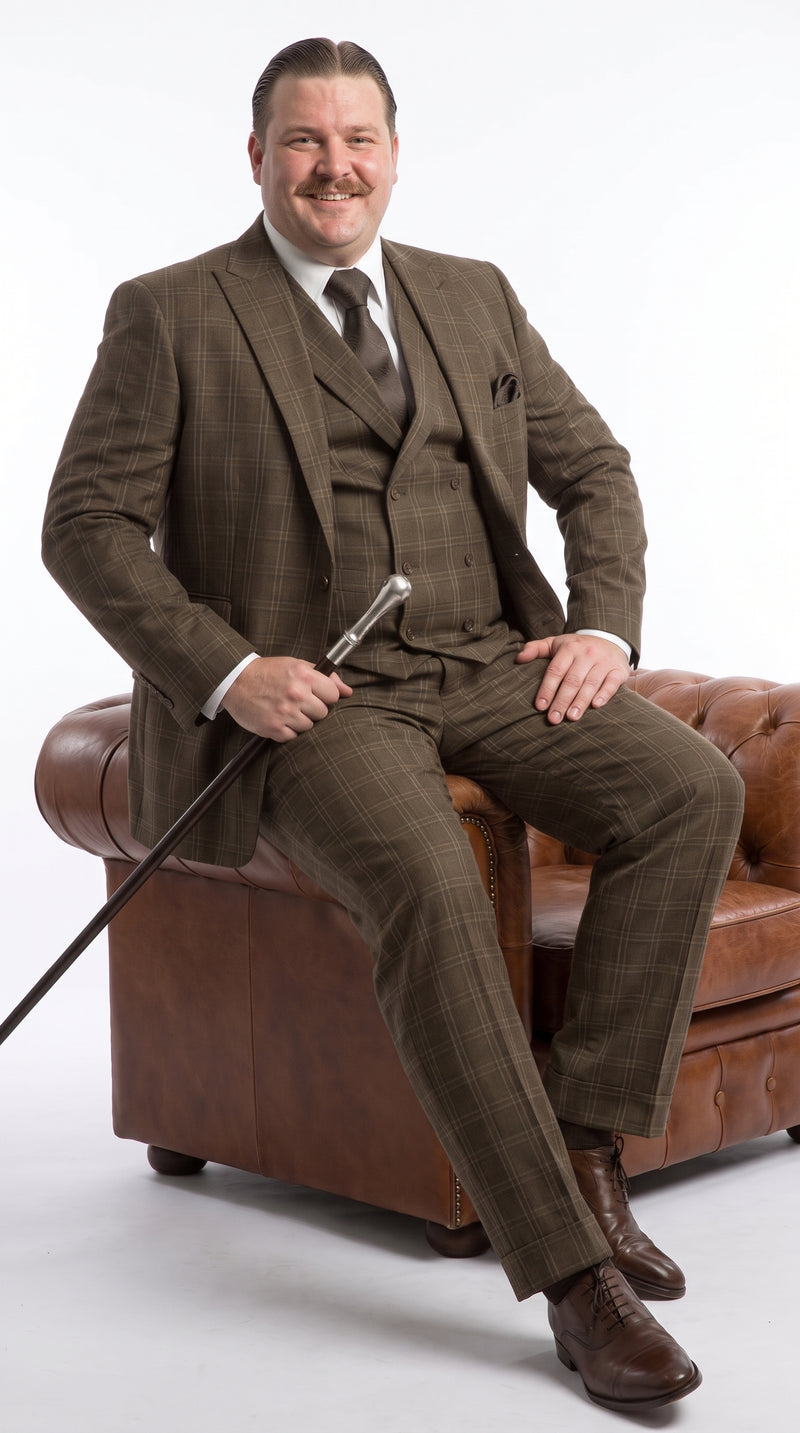 Men’s Edwardian Brown Plaid 3-Piece Suit – Vintage Double-Breasted Vest Wedding and Formal Suit