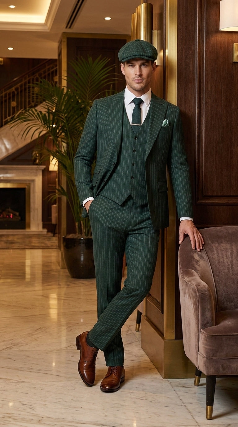Men’s Hunter Green Pinstripe 3-Piece Suit – Vintage Wedding, Prom and Formal Suit with Matching Vest