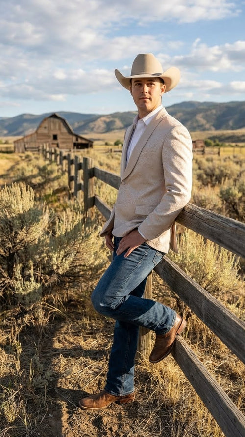 Men’s Tan Khaki Beige Cream Champaign Paisley Western Blazer Jacket, Embossed Dress Sport Coat for Wedding Party Rodeo Style