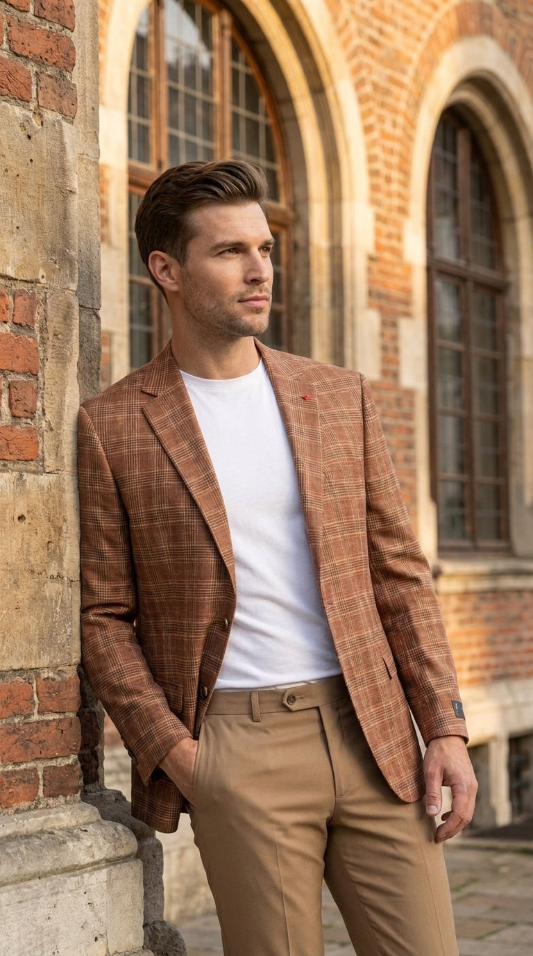 Vitali Men’s Rust Copper Brown Plaid Blazer with Tan Pants – Classic Windowpane, Business and Smart-Casual Birck color Suit