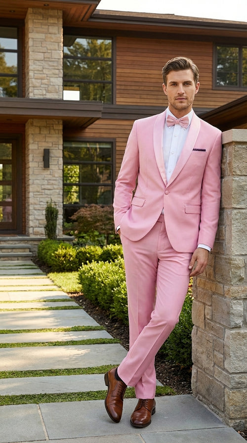 Mens Dusty Rose Pink Summer Tuxedo – Satin Shawl Lapel Formal Wedding Prom Suit