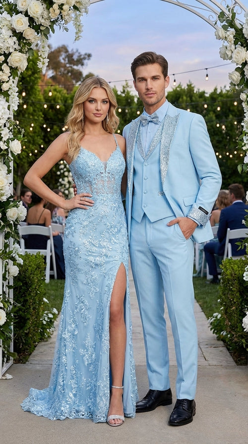 Men’s Light Blue Suit with Silver Glitter Lapel – Light Blue Formal Tuxedo Suit for Prom, Wedding and Special Occasion Wear in Sky Baby Blue