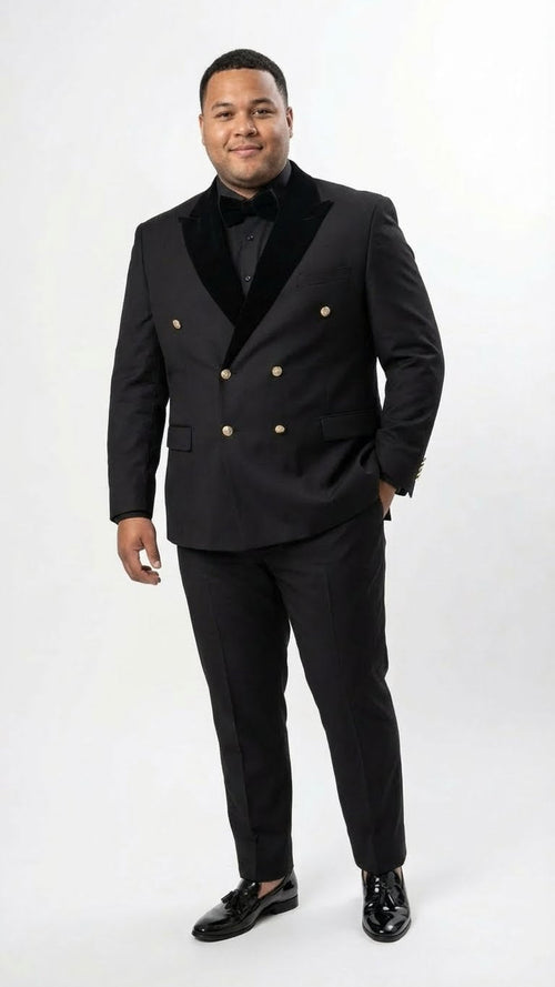 Alberto Nardoni men's black tuxedo suit. Double-breasted, structured fit with satin lapels and gold buttons. Slim-cut trousers, smooth finish.