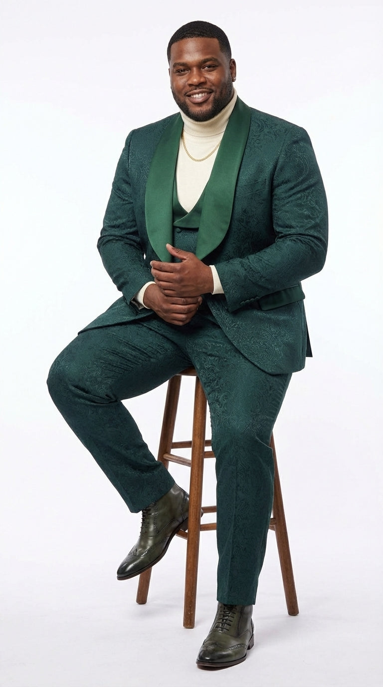 Mens Hunter Green Wedding Tuxedo Suit – Paisley Pattern Three Piece Formal Suit Set with Shawl Lapel for Groom, Prom in Emerald green