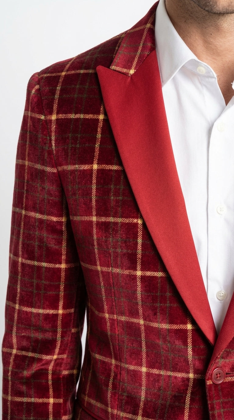 Mens Red Burgundy Plaid Blazer with Contrast Lapel – Velvet Fabric Check Prom Blazer Jacket for Party, Christmas New Year Holiday Jacket