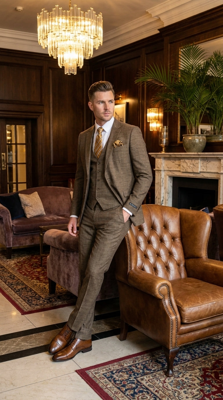 Men's Great Gatsby Brown Checker Plaid Texture 3-Piece Suit ā Classic Fit Business, Wedding & Formal Suit Set - Victorian style 1920s