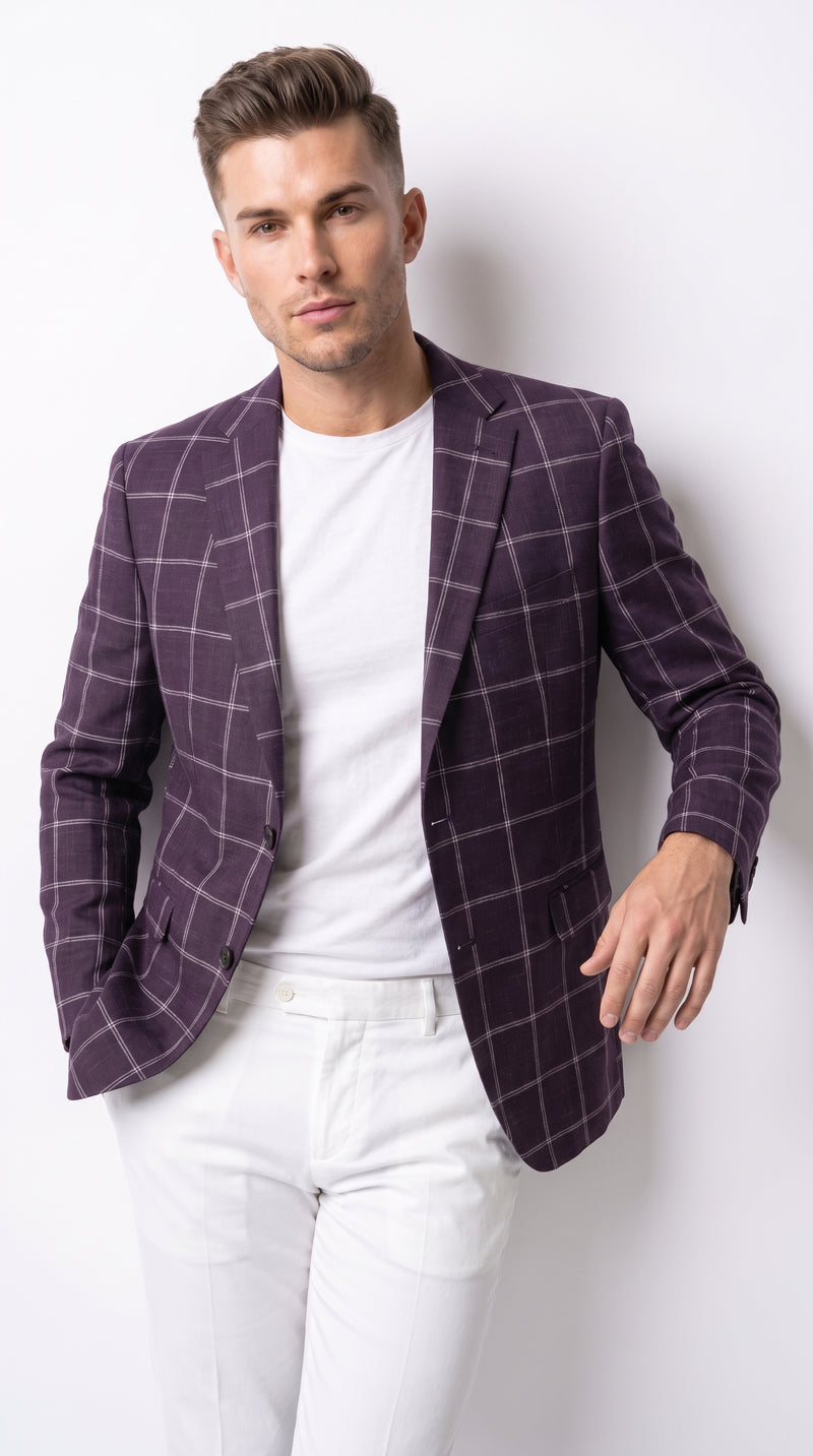 Men's Purple Windowpane Sport Coat ā Classic Fit Plaid Blazer Jacket for Business, Wedding & Casual Wear