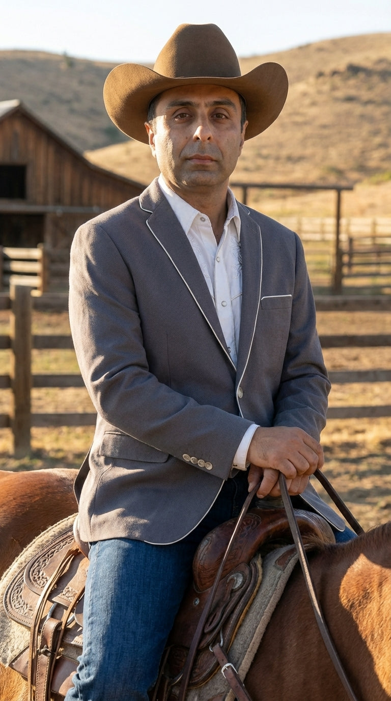Mens Grey and White Trim Western Blazer – Classic Fit Cowboy Style Contrast Trim Dress Jacket