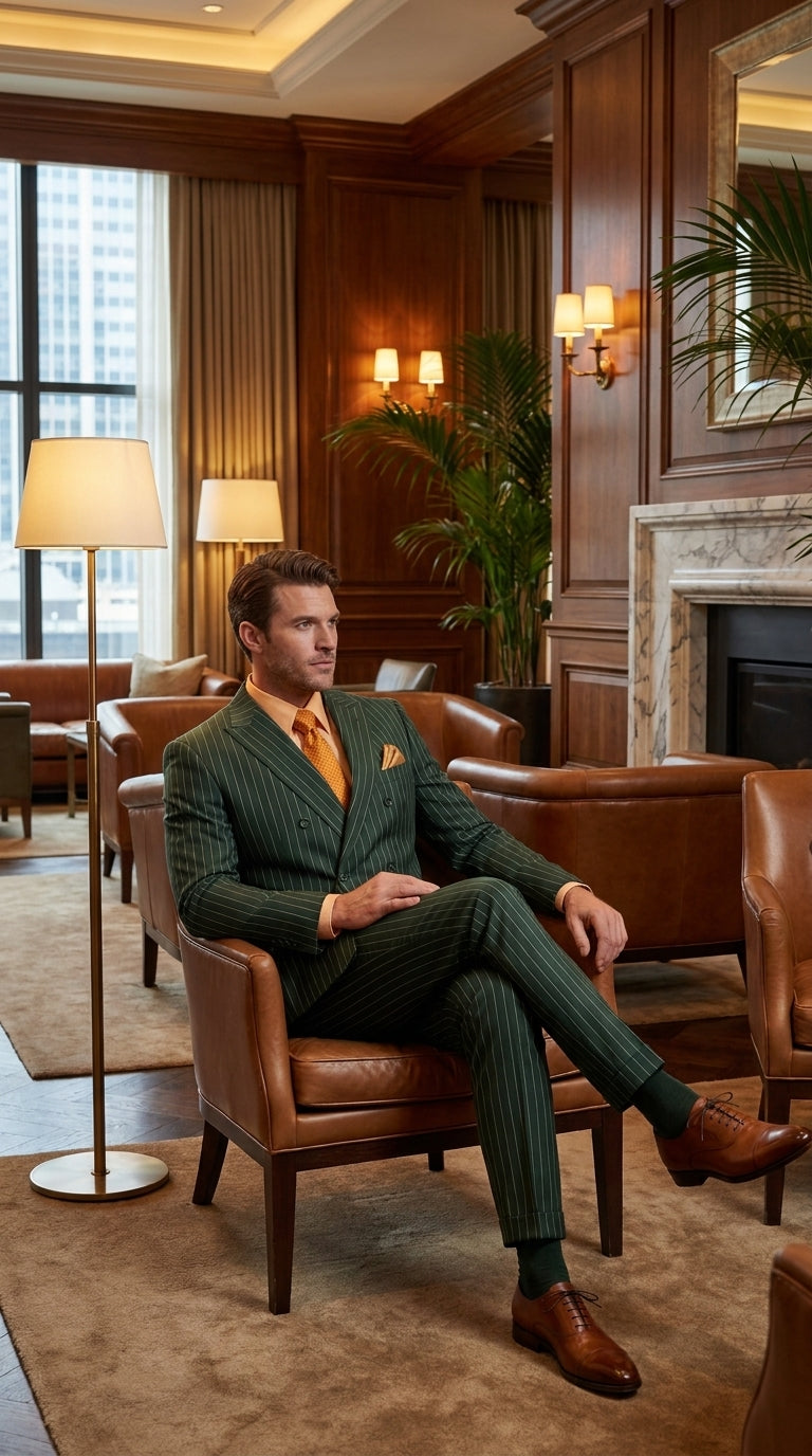 Men’s Hunter Green Pinstripe Double Breasted Suit – Vintage 1920s Great Gatsby Gangster Style