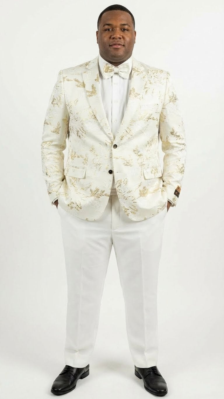 Alberto Nardoni men's blazer: white with gold floral pattern, single-breasted, structured fit, two pockets, curved hem. Paired with white trousers.