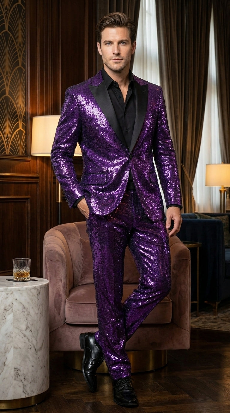 Men’s Purple Glitter Tuxedo Suit with Black Lapel, Party Stage Performance Formal Suit