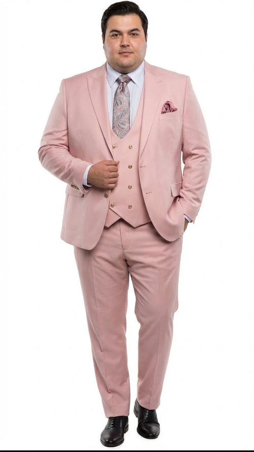Men's blush pink three-piece suit: tailored jacket (single-button), vest (gold buttons), straight-leg trousers. Includes patterned tie/pocket square. Fitted silhouette with structured shoulders.