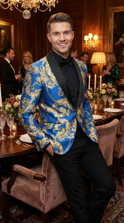 Men’s Royal Blue and Gold Blazer Jacket – Luxury Floral Pattern Tuxedo Blazer, Formal Party Wedding Dinner Jacket, Stylish Evening Wear