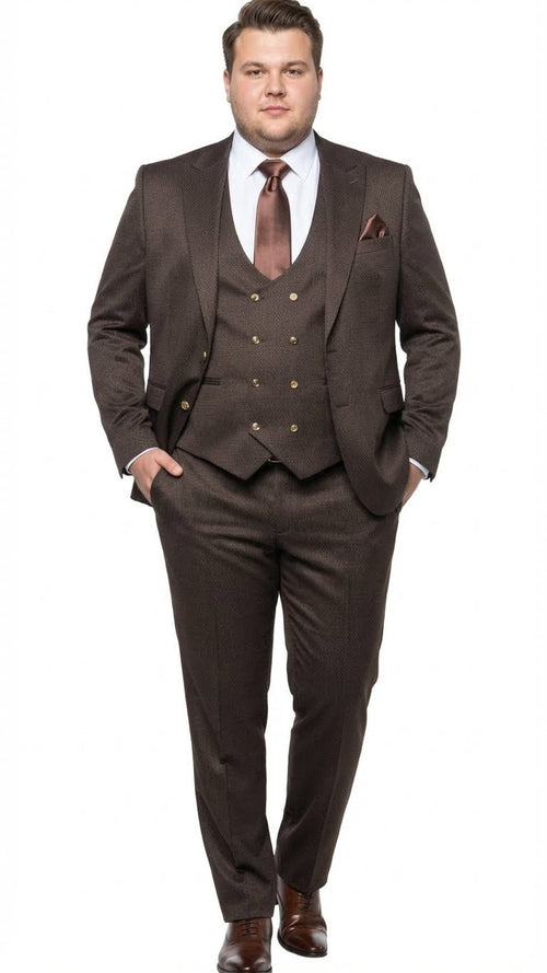 Chocolate brown 3-piece suit with textured fabric. Includes fitted blazer (notched lapel), double-breasted waistcoat (gold buttons), & straight-leg trousers. Paired with a light shirt & dark tie.