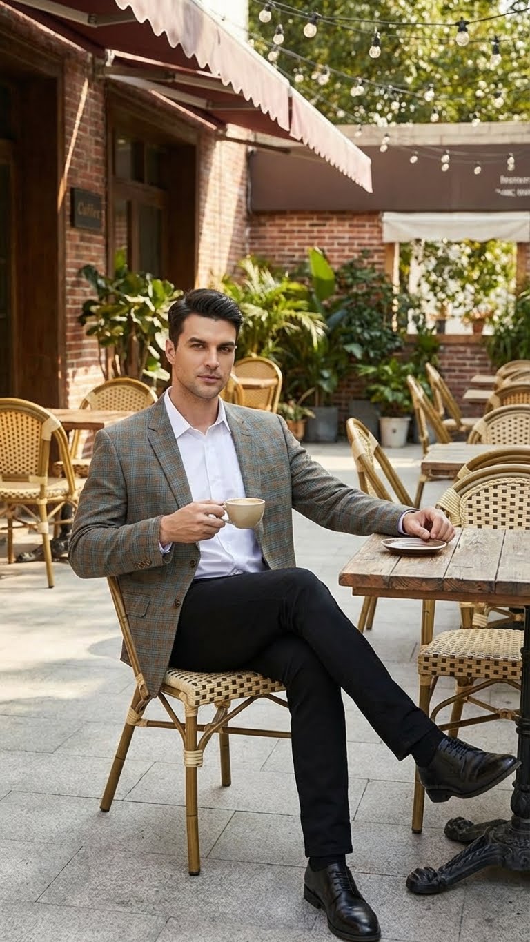 Alberto Nardoni men's plaid sport coat. Structured, single-button closure, traditional collar. Green, brown, teal checkered pattern. Textured fabric, likely wool blend. Casual/semi-formal wear.