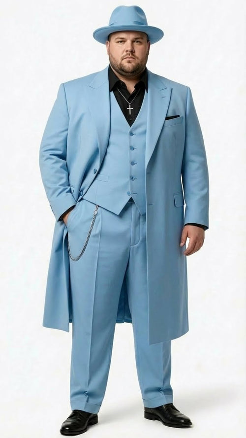 Men's light blue zoot suit by Alberto Nardoni. Features a long coat, vest, and trousers made from smooth fabric. Includes a pocket square.