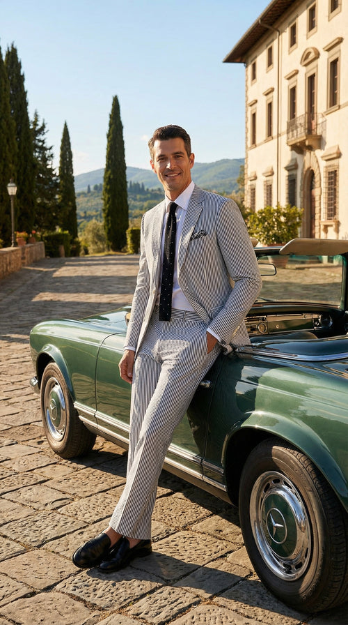 Men’s White and Black Seersucker Suit – Classic Lightweight Striped Summer Suit for Weddings and Formal Events