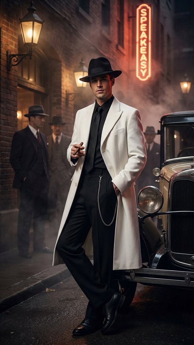 Mens White Long Zoot Style Suit | Vintage Gangster Mafia Formal Coat with Black Pants