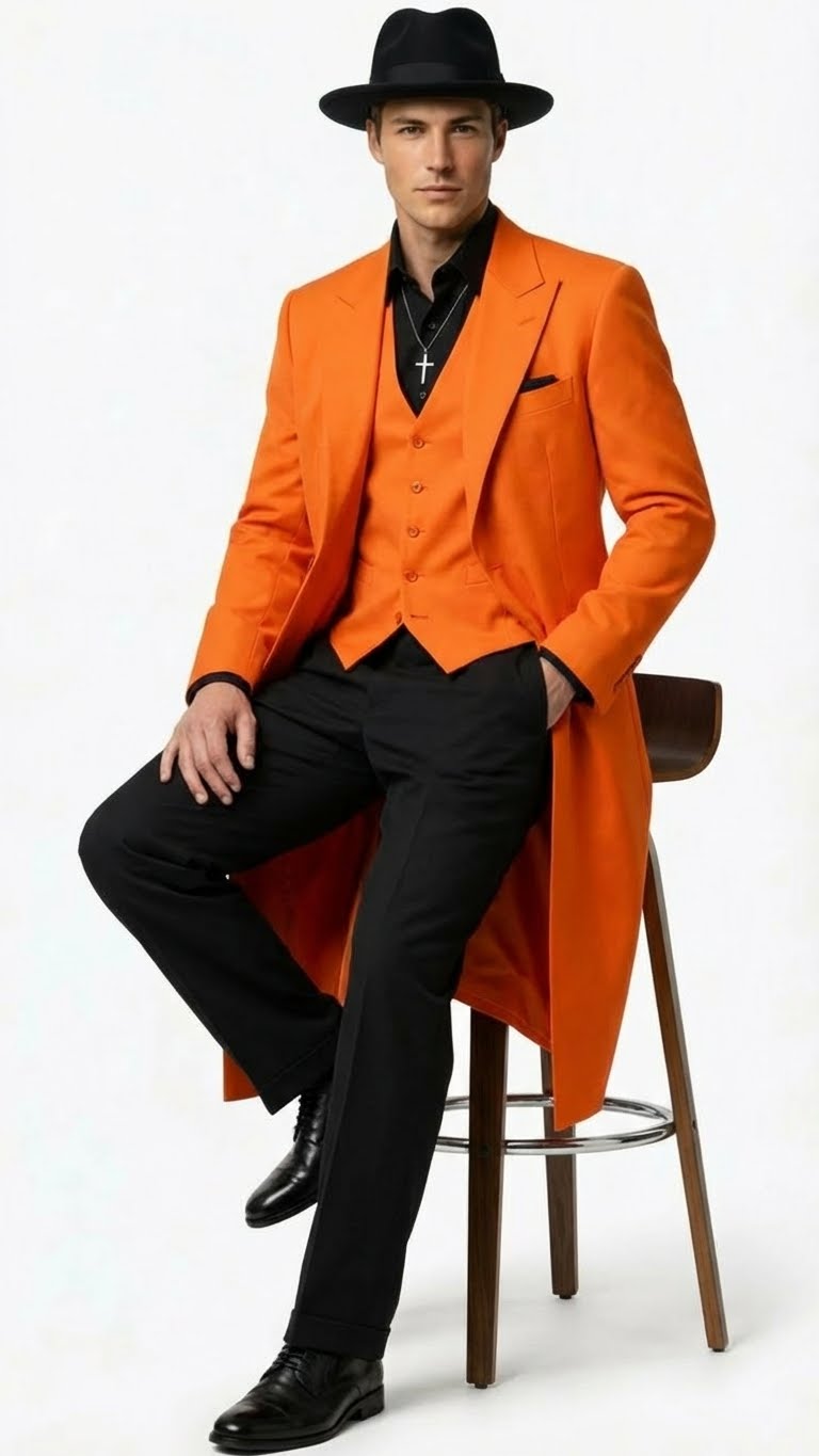 Orange zoot suit set with black shirt & pants. Features a long, flowing coat & vest, smooth fabric, fitted shape. Bold color combo, structured fit.
