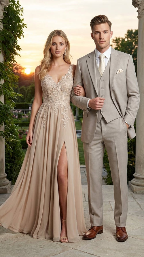 Light tan men's three-piece pinstripe suit: fitted jacket, vest, & pants. Smooth fabric, uniform color. Structured, single-breasted jacket for a formal, close fit.