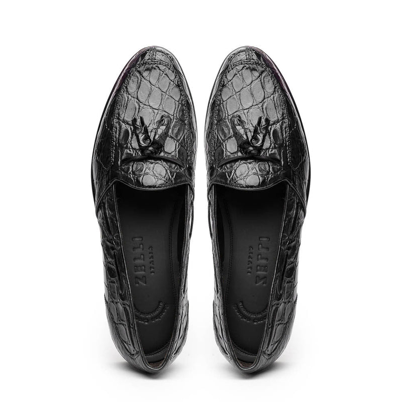 Zelli Franco Tassel Loafers in Genuine Caiman Crocodile - Black