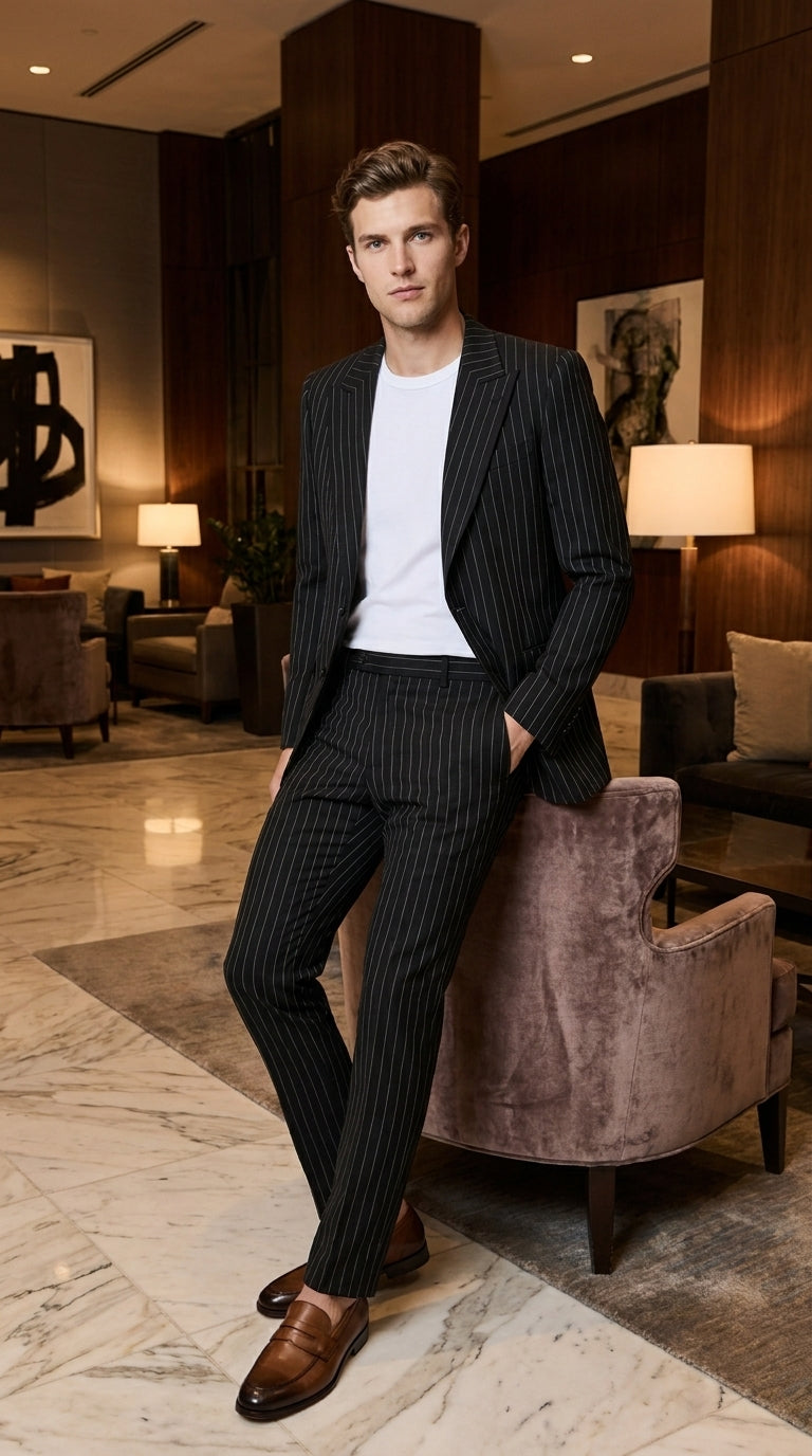 Men’s Black Pinstripe 2-Piece Tuxedo Suit – Two-Button Jacket and Matching Formal Pants