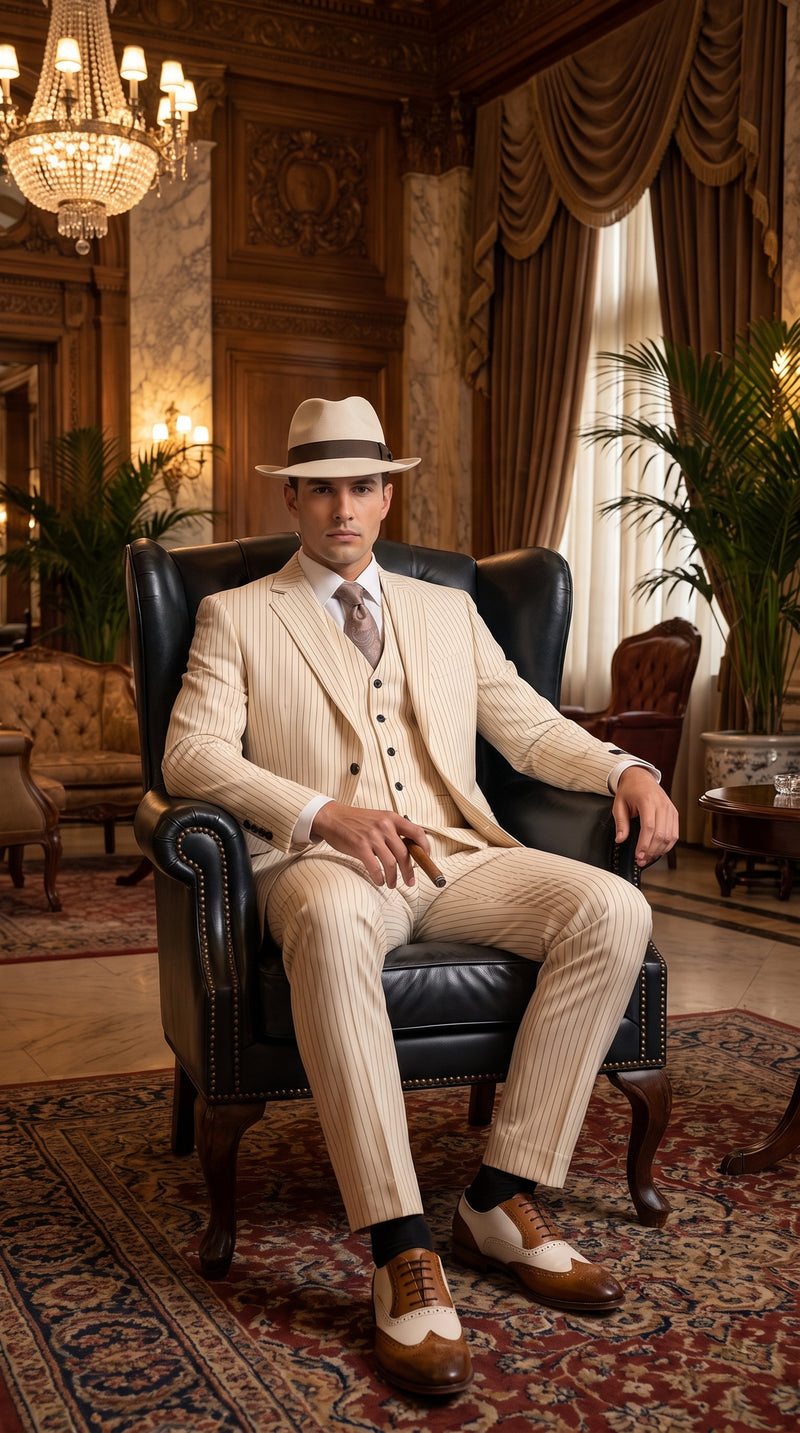 Men’s Ivory Cream Pinstripe 3-Piece Suit – 1920s Gangster Gatsby Wedding and Formal Suit