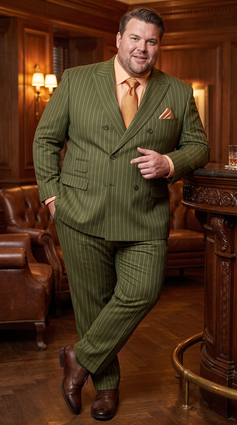 Men’s Olive Green Pinstripe Double-Breasted Suit – Classic Wedding, Business and Formal Suit