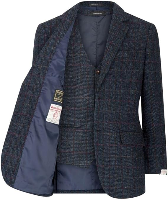 Walker and Hawkes Blakemore Blazer. Harris Tweed construction with notch lapel, two pockets, and navy lining. Multicolored deep blue pattern with red/green accents. Single button closure.
