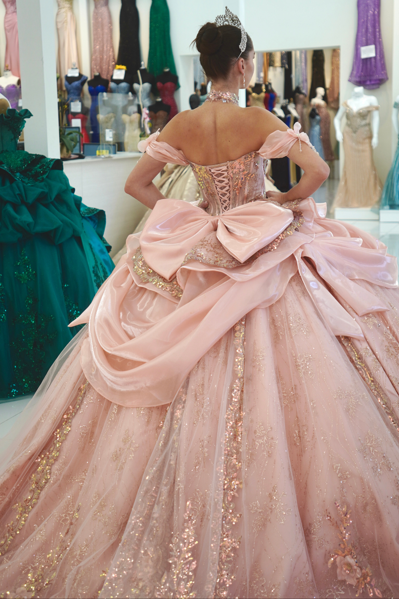 Off-Shoulder Sweetheart Beaded Corset Glitter Ball Gown QuinceaƱera Dress by Layla K LK313
