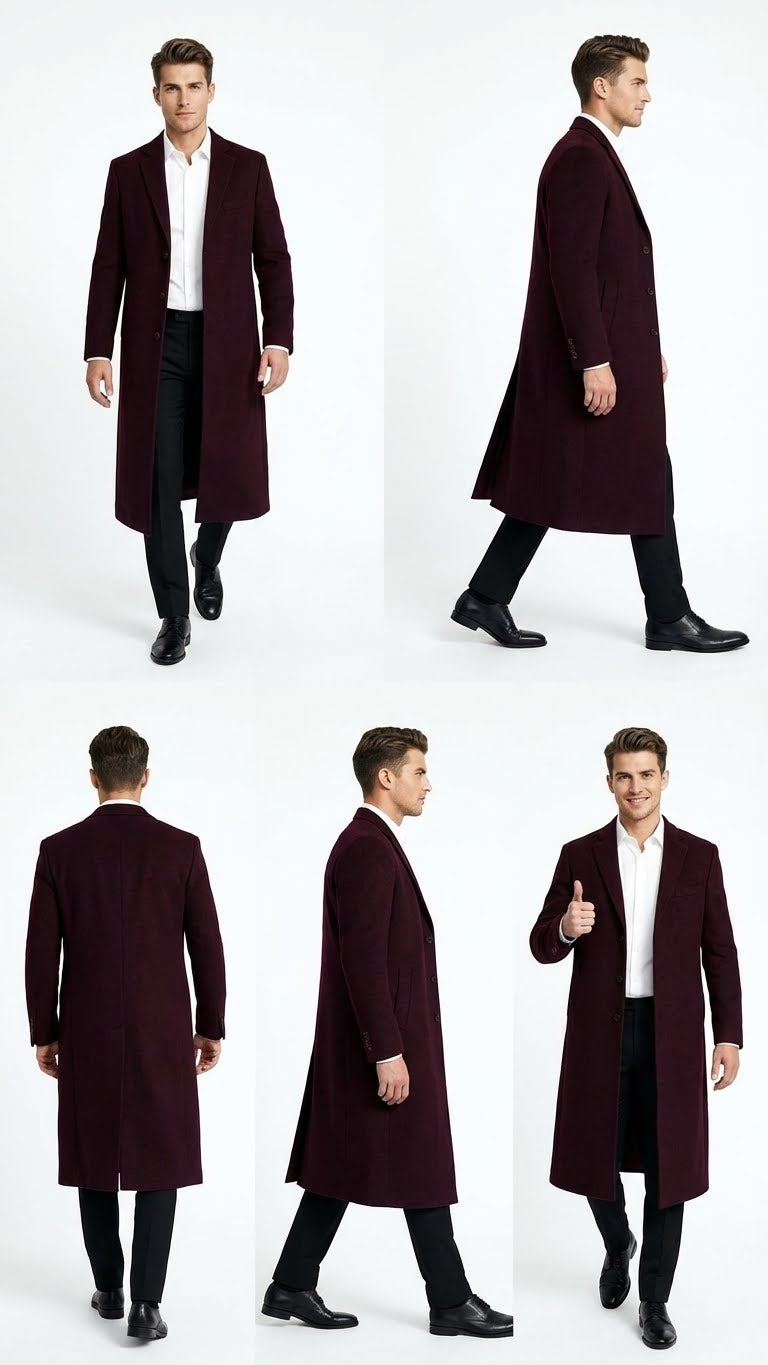 Men's burgundy long coat in a classic fit. Wool blend, straight silhouette, single-breasted. Notch lapels, button closure, side pockets, and back vent. Deep burgundy color, knee-length. Textured fabric.