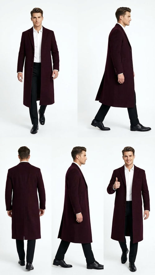 Men's burgundy long coat in a classic fit. Wool blend, straight silhouette, single-breasted. Notch lapels, button closure, side pockets, and back vent. Deep burgundy color, knee-length. Textured fabric.