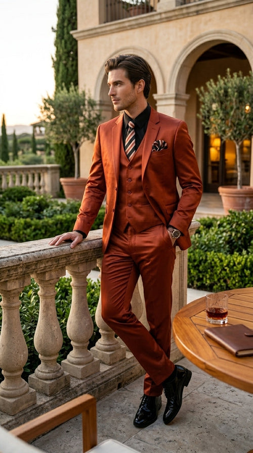 Menās Rust Copper Coganc Shiny Sateen 3 Piece Suit, Vested Formal Wedding Prom Suit Set Ultra Slim Fit