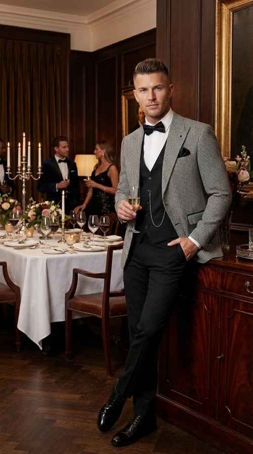 Men’s Black and White Houndstooth Gatsby Inspired Suit – Vintage Style Formal Suit for Wedding, Prom and Classic Events Blazer + Black vest + Black Pants