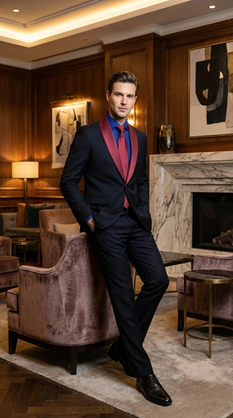 Men’s Black Suit with Burgundy Shawl Lapel – Formal Tuxedo Suit for Wedding, Prom and Evening Events + Bowtie & Tie