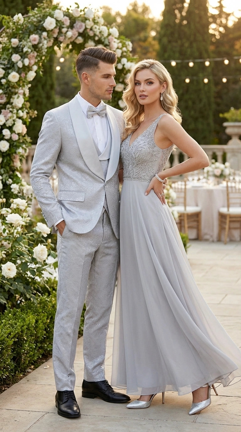 Mens Light Silver Wedding Tuxedo Suit – Paisley Fabric Three Piece Formal Suit Set with Shawl Lapel for Groom, Prom, Gala and ice Grey