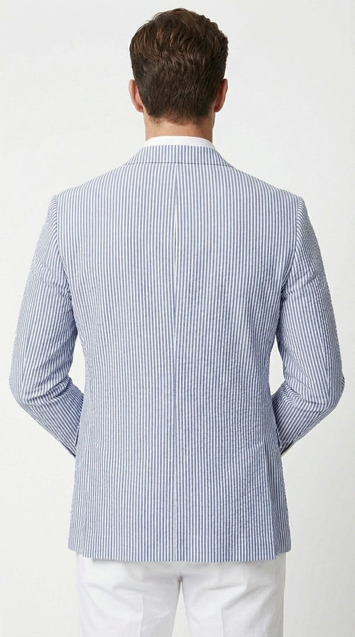 Mens Blue Seersucker Blazer – Lightweight Striped Summer Sport Coat Casual Smart Formal Jacket