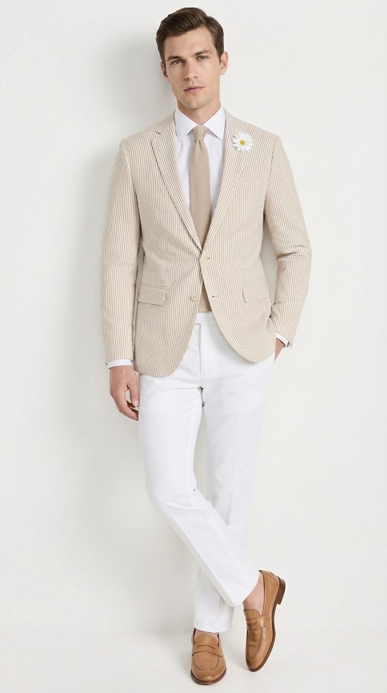 Mens Beige Seersucker Blazer – Lightweight Striped Summer Sport Coat Casual Smart Formal Jacket