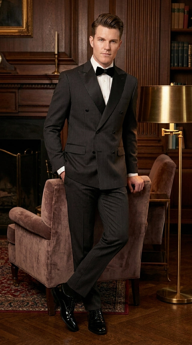 Men’s Double Breasted Suit – Classic Peak Lapel Formal Tuxedo Style Suit for Wedding in Black Ton on Tone Pinstripe