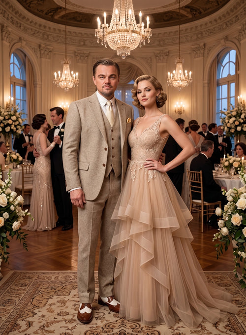 Men’s Light Tan Tweed Great Gatsby 3 Piece Suit – Vintage Vested Wedding Suit, 1920s Classic Formal Outfit Herringbone