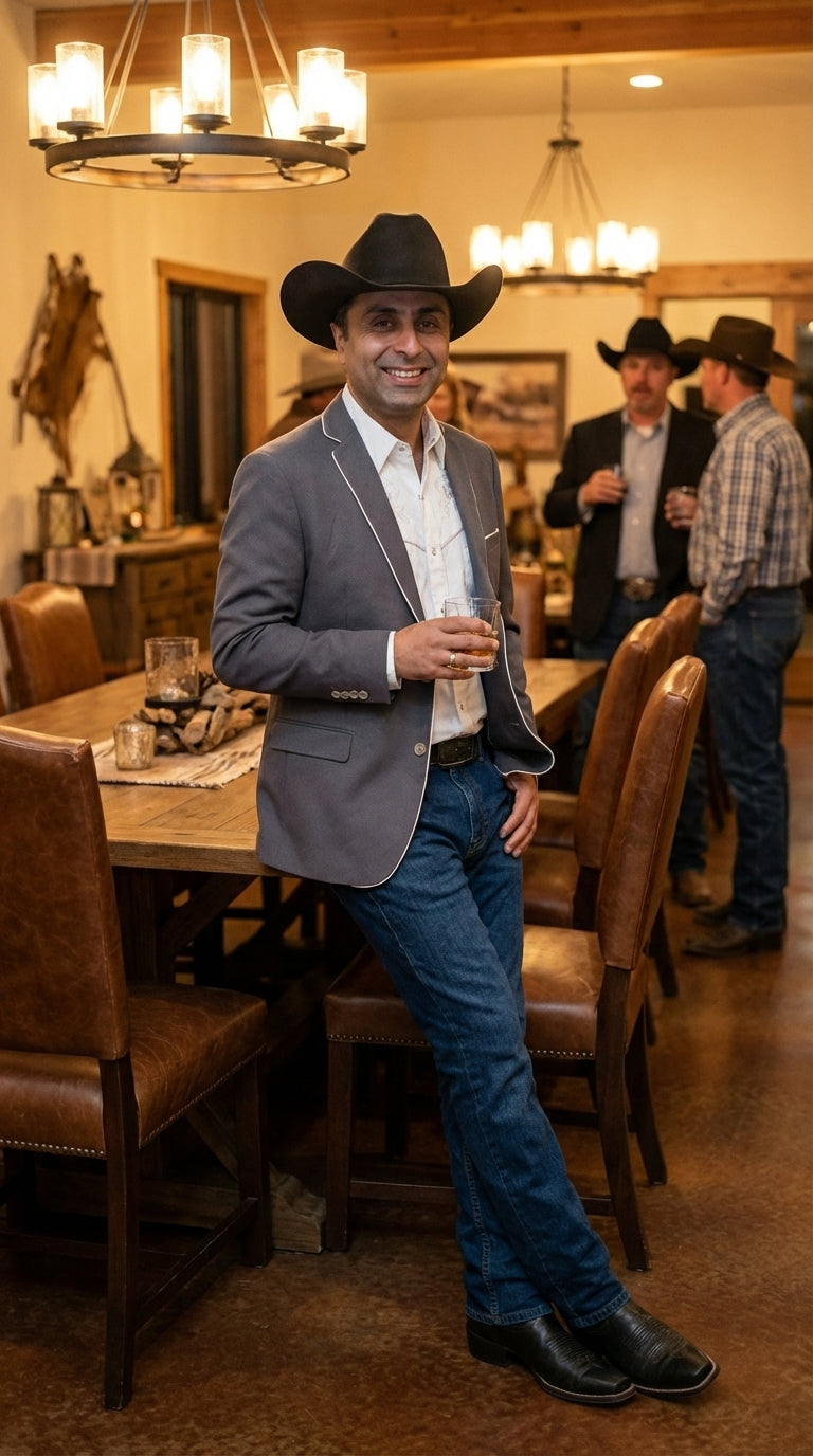 Mens Grey and White Trim Western Blazer – Classic Fit Cowboy Style Contrast Trim Dress Jacket