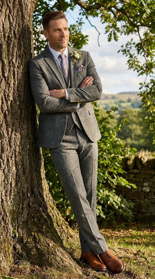 Men’s Peaky Blinder Light Grey Tweed Suit with Vest – Classic Three Piece Formal Suit, Vintage Wedding Business Outfit