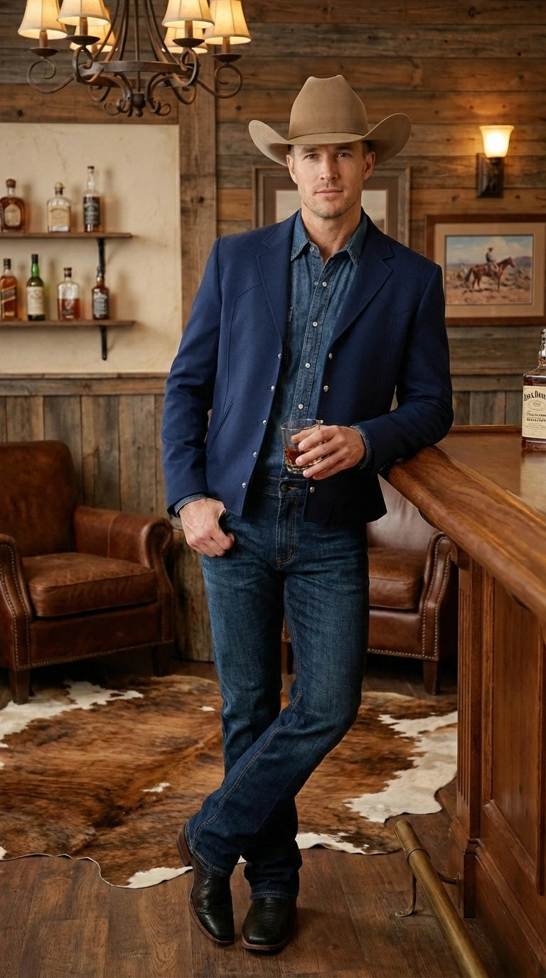 Mens Navy Blue Western Blazer Set – Cowboy Style Jacket and Pants Outfit Classic Country Western Blazer