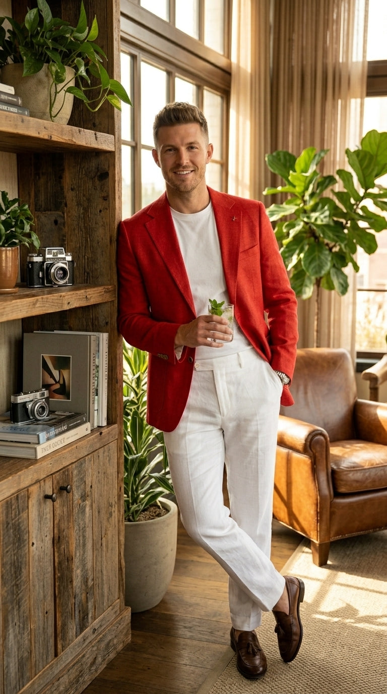Men’s Red Linen Blazer, Lightweight Business Casual Wedding Sport Coat Jacket