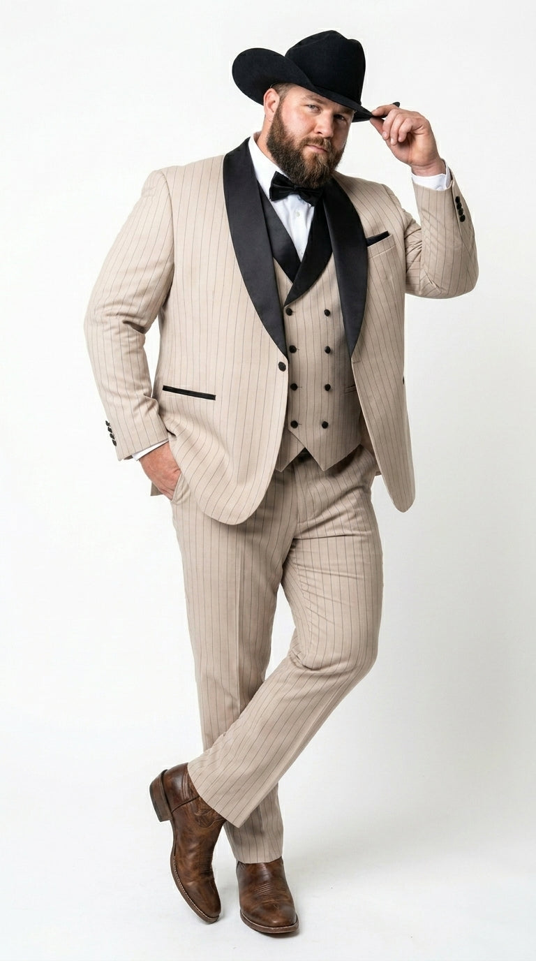 Men’s Beige Pinstripe Western 3 Piece Tuxedo Suit with Black Shawl Lapel, Formal Cowboy Wedding Prom Suit in Tan Khaki Color