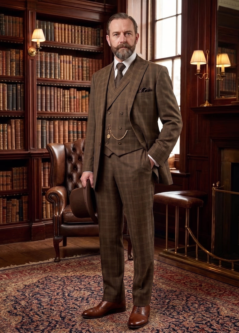 Men’s Edwardian Brown Plaid 3-Piece Suit – Vintage Double-Breasted Vest Wedding and Formal Suit