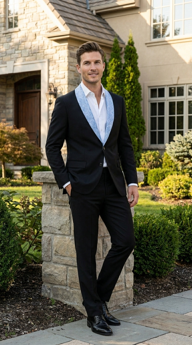 Men’s Black Suit with Light Blue Lapel – Modern Formal Tuxedo Style Suit for Wedding, Prom, Party and Sky Powder Blue Color