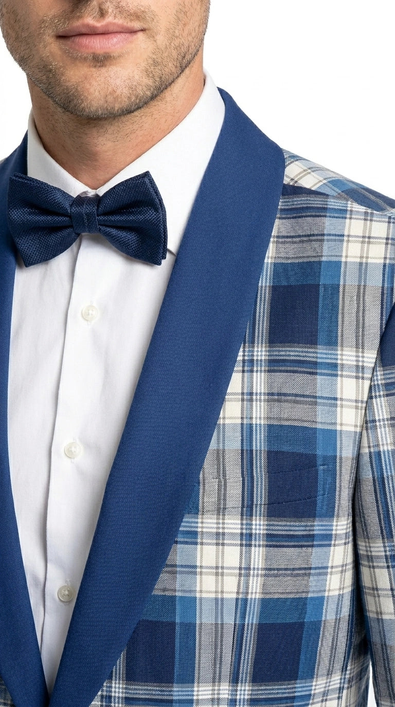 Men’s Tartan Blue Plaid and Solid Blue Tuxedo – Modern Check Pattern Formal Suit for New Year - Christmas - Holiday Jacket with Pants